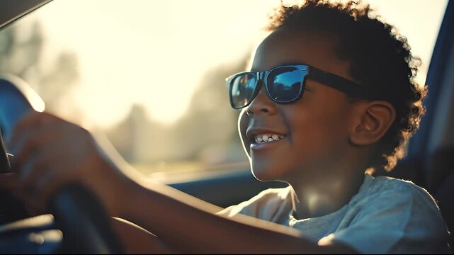 A boy is smiling while driving, wearing dark sunglasses as he grips the steering wheel. The boy's excitement is evident as sunlight reflects off his sunglasses, creating a joyful a