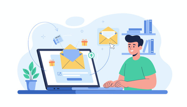 Flat illustration of a man using a laptop for email marketing, subscribing to a newsletter, receiving notifications, and engaging with digital communication, symbolizing online business and