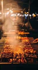 Delicious street food grilling over open flames at night creating a savory aroma