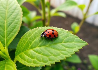 Fototapeta premium Red ladybug with black spots resting on a vibrant green leaf with serrated edges in soft natural light