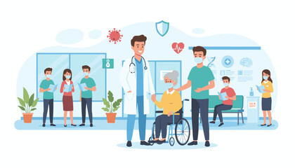 Modern healthcare and medical concept illustration featuring a doctor assisting an elderly woman in a wheelchair, surrounded by patients in a waiting room, symbolizing care, recovery, and medical