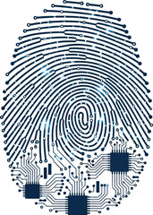 Flat vector of a fingerprint pattern designed like a circuit board, using dark blue and white, on white background, representing security technology.