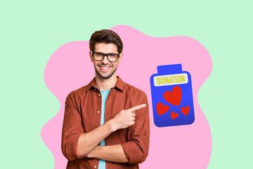 Collage of young woman man toward donation jar with hearts symbolizing charity blood donor day volunteer support