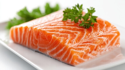 Frisches Lachsfilet mit Petersilie auf weißem Teller
