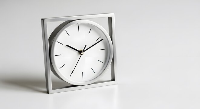 A minimalist desk clock, a white circular dial with black hands sits within a square silver frame, on a white surface