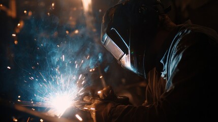 Dramatic Profile of a Welder Illuminated by a Cascade of Brilliant Blue Welding Sparks