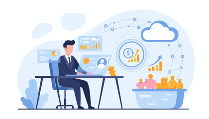 Modern flat illustration of a businessman working on a laptop, analyzing financial charts and data, with a cloud computing icon and piggy banks symbolizing savings and payroll management