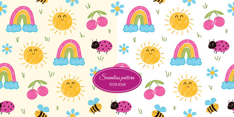 Children's fashion seamless pattern, pencil drawing, hand-drawn sketch. Vector design, pencil drawing for children's bedding, fabrics, wallpaper, wrapping paper, and more.