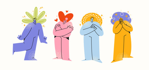 Abstract characters with positive emotions in retro cartoon. Mascot poses: feel love, joy, peace, harmony. People radiate positive energy and are happy. Illustration in funky, doodle style
