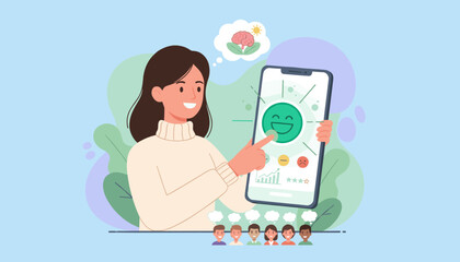 A smart woman is using her smartphone to select a green happy face emoji, representing positive feedback and mental well-being, with a brain icon in a thought bubble, surrounded by diverse people