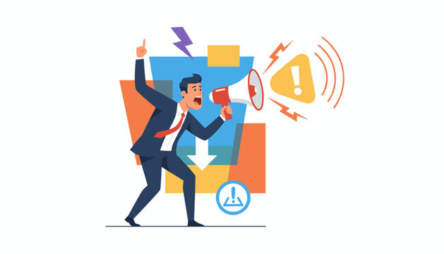 Energetic businessman in a suit shouts into a megaphone, conveying an urgent warning message with an exclamation mark symbol and sound waves, symbolizing alert, caution, and attention-grabbing