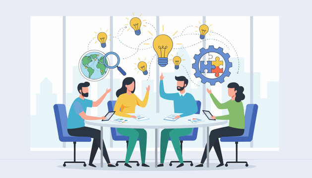 Diverse team of professionals collaborating around a table, brainstorming innovative business ideas with lightbulbs symbolizing creativity, a magnifying glass over a globe representing global search