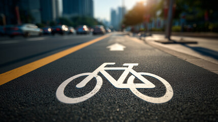 Obraz premium Bicycle lane symbol in white on city street
