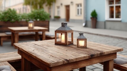 Rustic Wooden Table With Glowing Lanterns Outdoors During Daytime With Cobblestone Pavement And Buildings In The Background