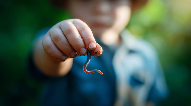 Child holding earthworm outdoors in garden