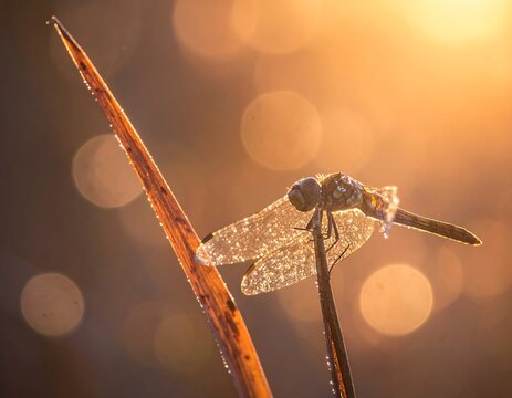 Close-up of dragonfly backlit by warm sunlight on plant - Powered by Adobe