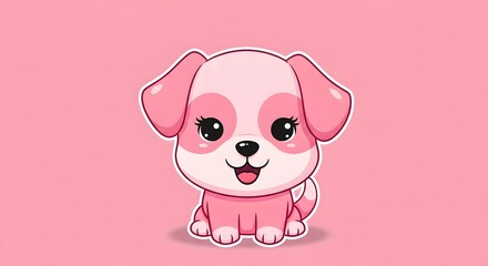 Naklejka premium Cute, cartoon pink puppy with large eyes and a happy expression, sits against a pink backdrop