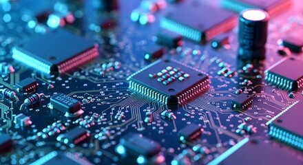 Fototapeta premium Close-up of a high-tech circuit board with various components, showing intricate pathways and electronic elements, illuminated in blue and red