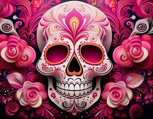 Naklejka premium elegant abstract background featuring sugar skull motifs with vibrant pink and white floral swirls in a modern minimalist style