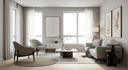 Fototapeta premium Stylish and modern living room interior design with comfortable seating and natural light