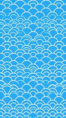 Blue and white repeating scallop pattern background, resembling waves