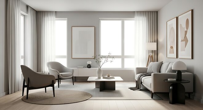 Stylish and modern living room interior design with comfortable seating and natural light