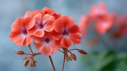 Close up Macro Botanical Photo Of Bright Red Orange Geranium Flowers With Delicate White Speckles And Purple Centers Covered In Water Droplets On A Soft Blue Background