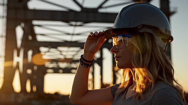 Woman in hard hat and safety glasses adjusting brim with bridge structure in background view
