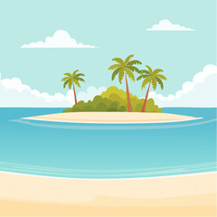 Obraz premium Scenic vista of a tropical atoll with clear waters and sandy shores under a bright blue sky