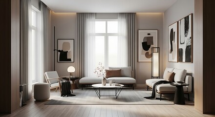 Fototapeta premium Cozy and Modern Living Room with Stylish Furniture, Artwork, and Elegant Decor Elements