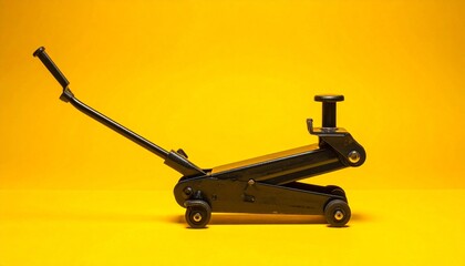 Black hydraulic floor jack for car repair on a vibrant yellow background.