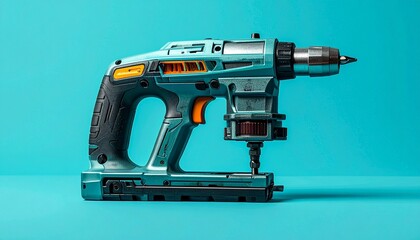 Naklejka premium Modern cordless power drill on a vibrant solid blue background.