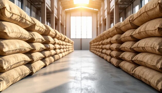 A spacious storage area filled with neatly stacked burlap sacks, illuminated by sunlight streaming through large windows.