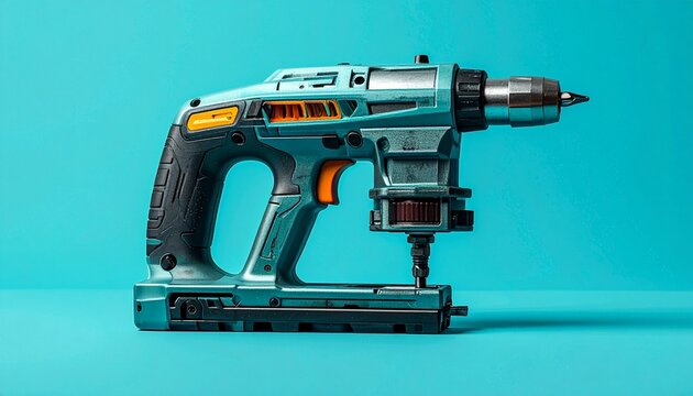 Modern cordless power drill on a vibrant solid blue background.
