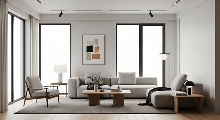 Fototapeta premium Bright and spacious modern living room interior with minimalist furniture and large windows