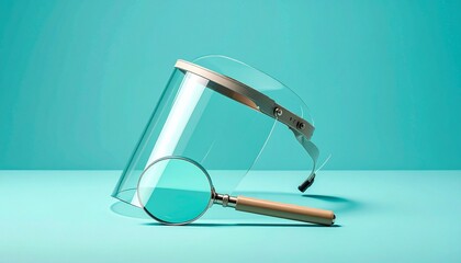 Clear Plastic Face Shield and Magnifying Glass for Detailed Inspection on a Blue Background.