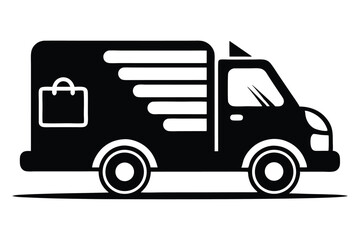 Black delivery truck icon showing motion lines and a shopping bag silhouette