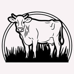 Black and white vector illustration of a cow standing on grass inside a circle frame, clean line art for cutting, printing, and farm design projects.