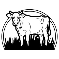 Fototapeta premium Black and white vector illustration of a cow standing on grass inside a circle frame, clean line art for cutting, printing, and farm design projects.