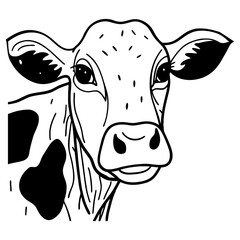Black and white cow head line drawing, minimalist farm animal illustration, clean vector style for cutting, printing, and digital design.