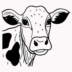 Black and white cow head line drawing, minimalist farm animal illustration, clean vector style for cutting, printing, and digital design.