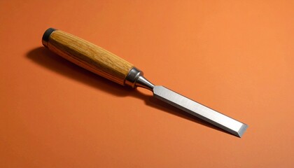 Fototapeta premium Wood handle chisel hand tool for carpentry and woodworking on an orange background.