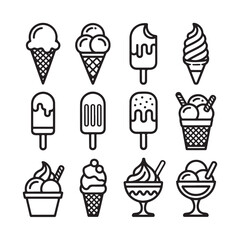 Assortment of stylized line art icons depicting different types of ice cream and frozen desserts, isolated on white background