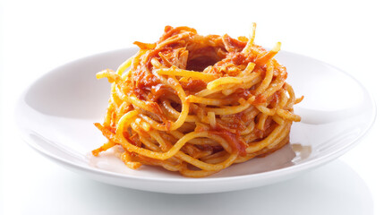 Spaghetti-Nest mit Tomatensauce auf weißem Teller isoliert