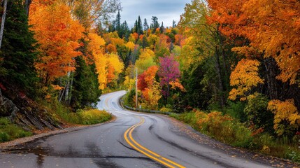 Fototapeta premium Winding Road Through Vibrant Autumn Forest, Colorful Foliage, Scenic Landscape.