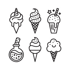 Assortment of sweet ice cream and dessert icons, including cones and a potion bottle, isolated on white background