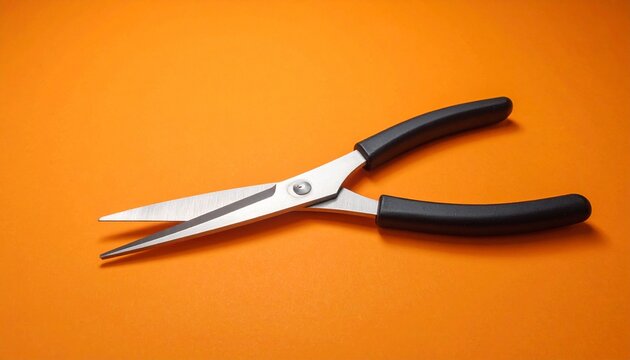 Needle nose pliers with black handles on a vibrant orange background. - Powered by Adobe