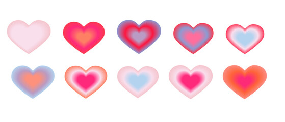 y2k gradient hearts vector collection. Blurred shapes in trendy cherry, red, blue and pink colors. Aura hearts for creative design. Modern vector illustration.
