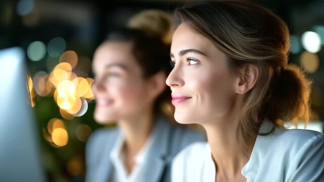 Manager conducting performance review with employee in professional setting, under soft office light highlighting focus and collaboration, serene workplace scene, calm desk lightin