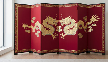 Room divider with embroidered golden dragon on dark red silk  